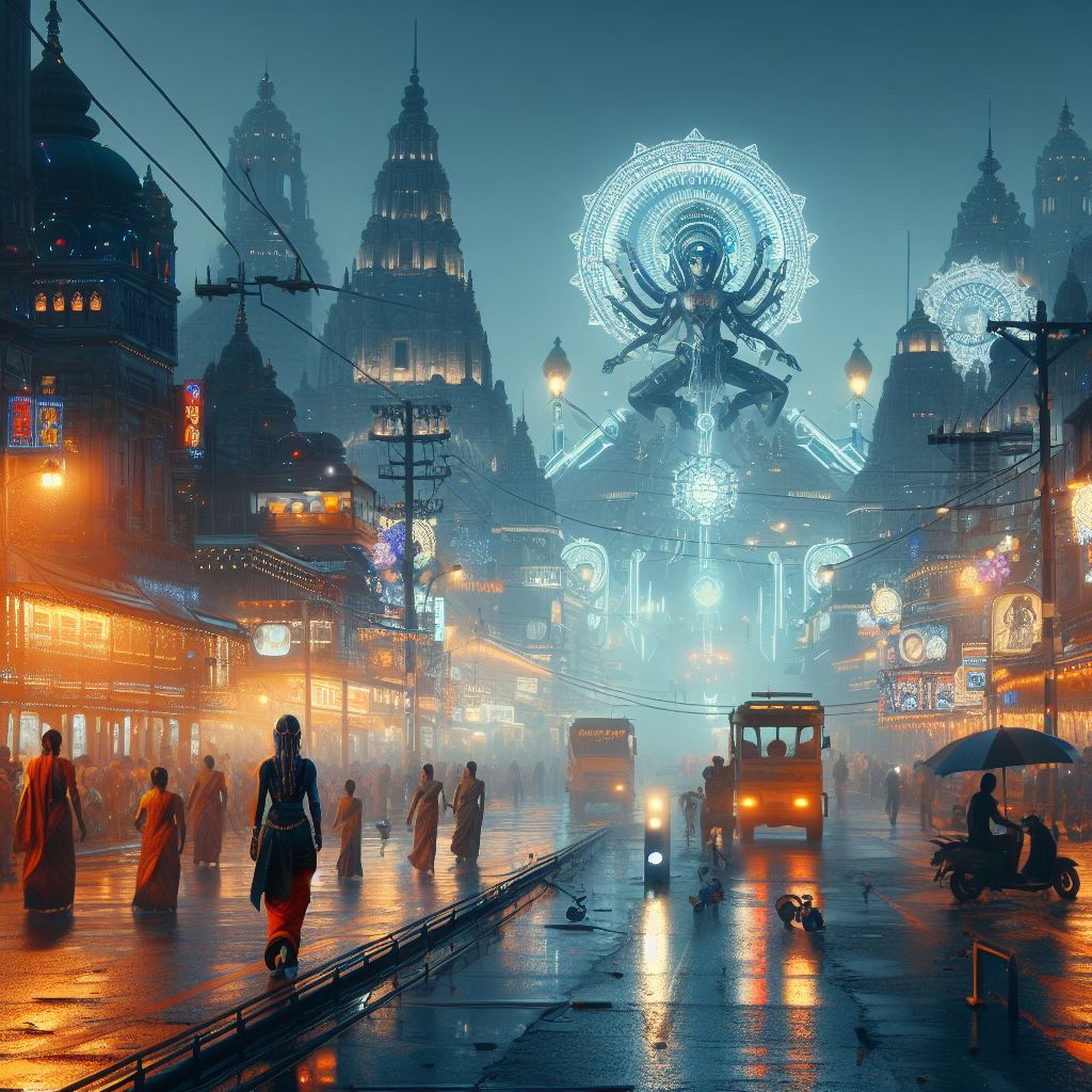 #DurgaPuja in a Futuristic Cyberpunk Kolkata.
#DurgaPuja2023 #Kolkata #KolkataDurgaPuja #MaaDurga