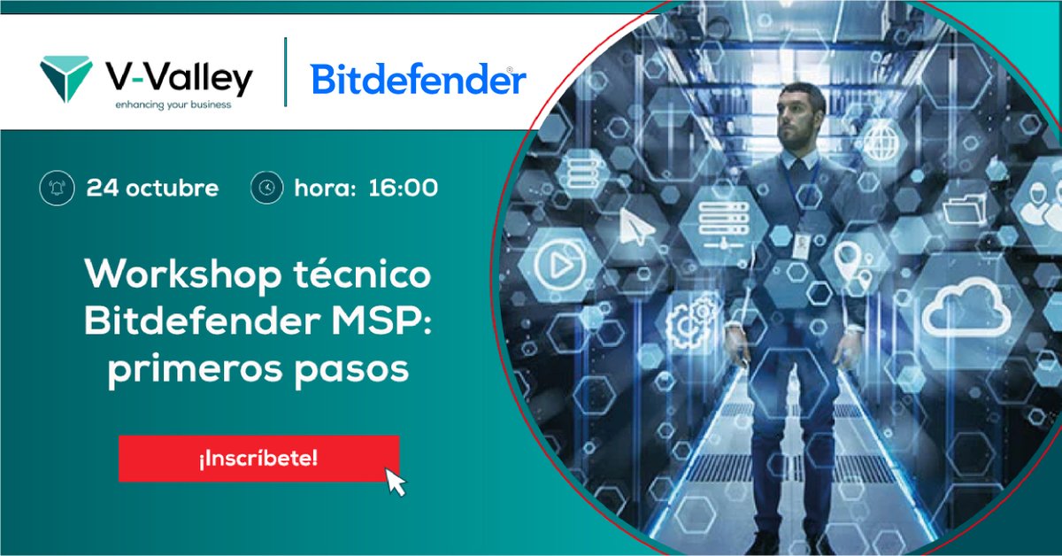 V-Valley Advanced Solutions España (@vvalleyspain) on Twitter photo 🚀¡No te lo pierdas!🚀Únete a nuestro workshop técnico para Proveedores de Servicios y descubre cómo potenciar tu negocio con <a href="/Bitdefender/">Bitdefender</a> MSP.
Nuestro experto te guiará en el uso de la potente solución de seguridad de #Bitdefender MSP🔒
👉lnkd.in/dnWRUXuU
#VValley #MSPs 🚀¡No te lo pierdas!🚀Únete a nuestro workshop técnico para Proveedores de Servicios y descubre cómo potenciar tu negocio con <a href="/Bitdefender/">Bitdefender</a> MSP.
Nuestro experto te guiará en el uso de la potente solución de seguridad de #Bitdefender MSP🔒
👉lnkd.in/dnWRUXuU
#VValley #MSPs