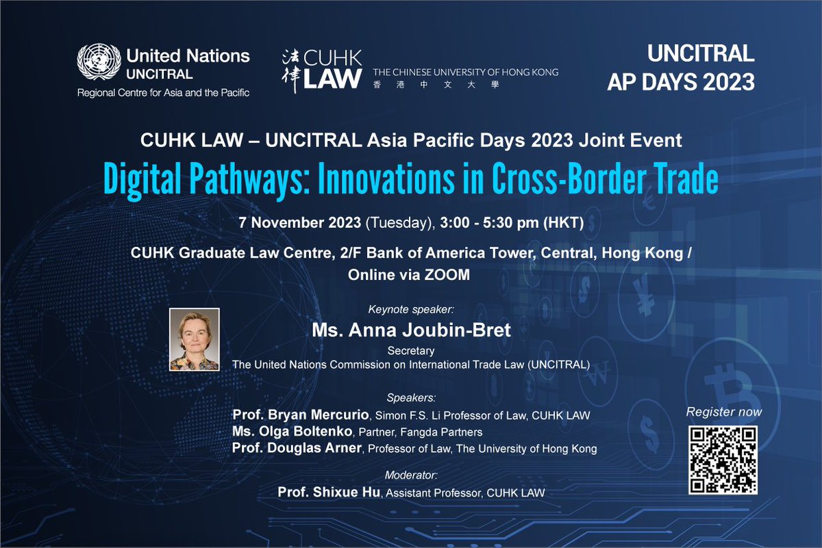 Pleased to share an upcoming event I am convening with UNCITRAL on topics of digital trade. Please join us! 
Date &amp; Time: Nov 7, Tue, 3-5:30 pm (HK Time). 
Form: Hybrid. 
Register here: lnkd.in/gCKVbaCc 
Event page: lnkd.in/gfwvQgZR