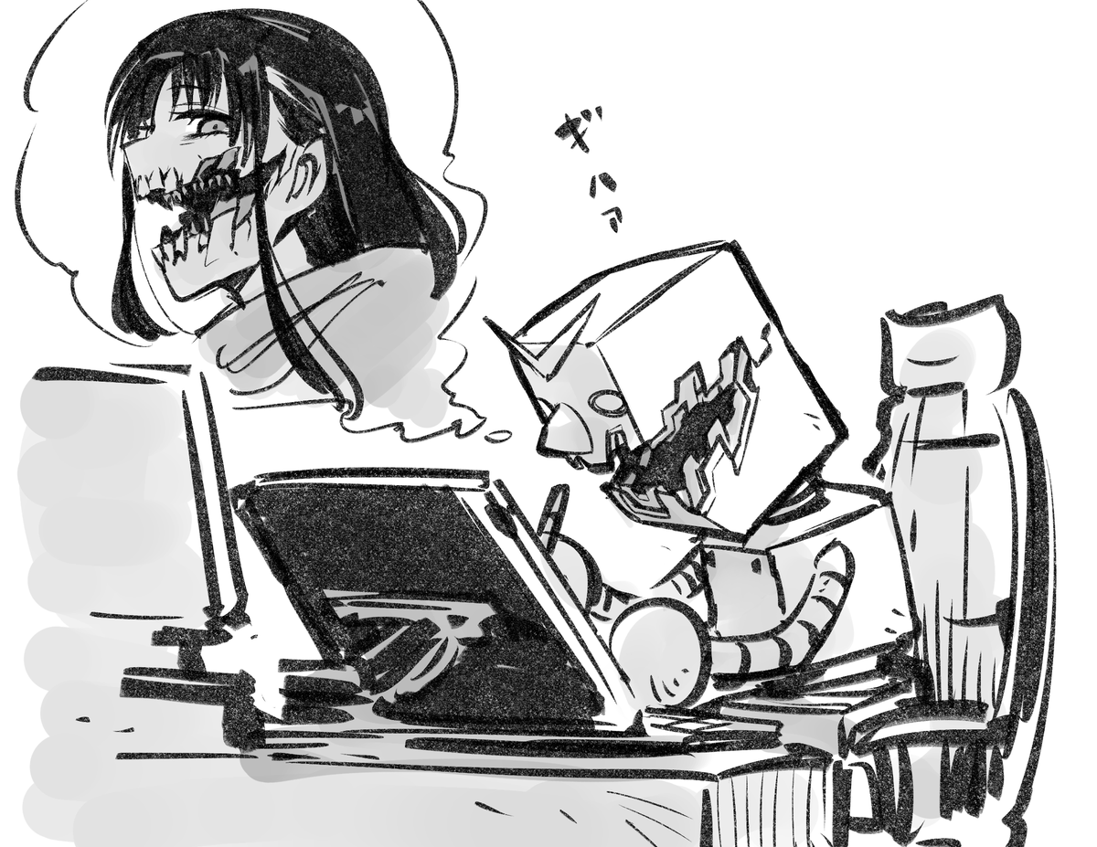 集中すると描いてるキャラの表情と同じ表情になってしまっている現象をよく聞くので、口裂けちゃんを描いてる時はもしかしたら裂けてるかもしれない