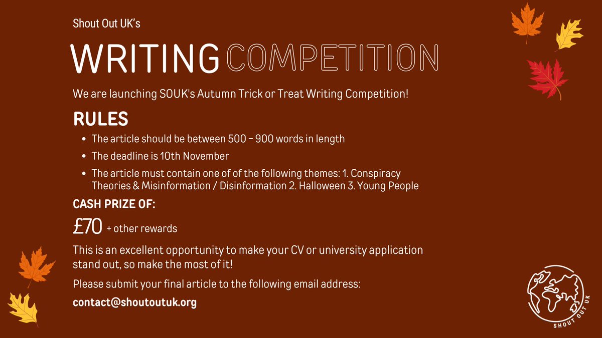 Is it raining where you are? ☂️🌧️ Perhaps you could use the time indoors and autumnal chills to nurture your creativity and writing skills by entering our writing competition: