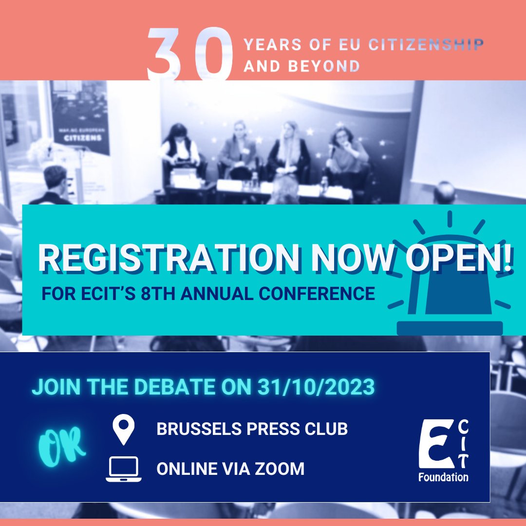 ECITFound's tweet image. Registrations are open! 🚨  ECIT Foundation is pleased to invite you to our 8th Annual Conference on 30 years of EU Citizenship. Please find more information on our website or register directly here: shorturl.at/vQ047 We look forward to welcoming you soon! 🤞