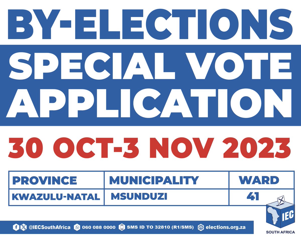 IECSouthAfrica's tweet photo. 🚨 ALERT: Special Vote Applications Now Open! 🗳️

Attention, Voters! If you won't be able to cast your vote on Election Day, don't miss out. Special vote applications are now open for 15 November 2023 By- elections.

✅ Apply online today➡️https://t.co/NjixTPyWV9 https://t.co/tZhV5pCBWX