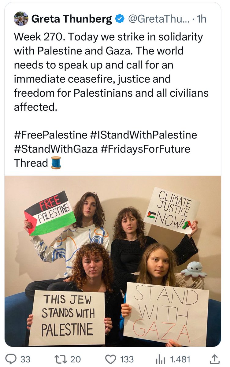 Das mir nachher Niemand sagt, er hätte von nichts gewusst…

Wer die #Antisemiten von #FridaysForFuture um ihre Führerin #GretaThunberg weiter unterstützt, unterstützt auch den #Judenhass

#Klimaextremisten #Klimaterroristen
#Israel