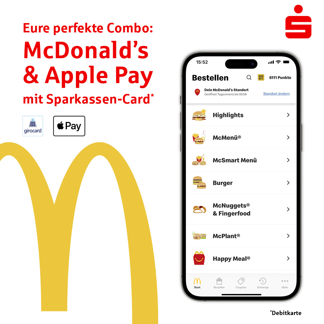SSKRemscheid's tweet photo. Big Mac®, Cheeseburger oder doch lieber McPlant® Nuggets? Bezahlen Sie Ihre mobilen Bestellungen in der McDonald’s App auch ganz bequem mit Apple Pay und der Sparkassen-Card (Debitkarte). Guten Appetit. Nur für registrierte App-User in ausgewählten Restaurants. https://t.co/mH1PtbM2QC