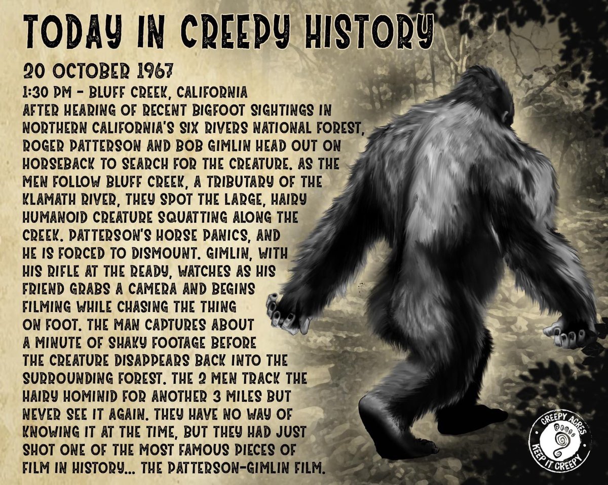 creepyacres's tweet photo. 56 years ago today! Easily one of the most heavily scrutinized pieces of footage, the Patterson-Gimlin film was shot today and remains as famous as it is controversial. https://t.co/4gj1Vw7EEt