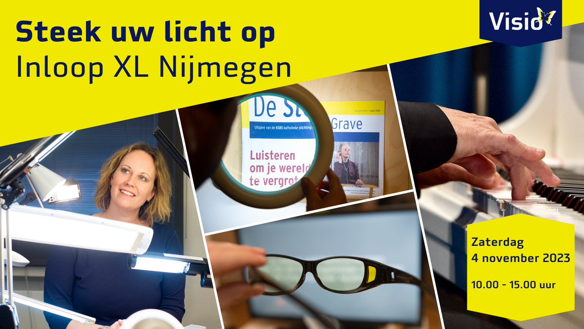 KonVisio's tweet photo. Kom naar de inloop XL bij Visio Nijmegen op zaterdag 4 november! Leer hoe de juiste verlichting, hulpmiddelen en aanpassingen uw dagelijks leven kunnen verlichten. Steek uw licht op tijdens deze unieke open dag! 
https://t.co/px65CBYQMK https://t.co/vTyHmowElK