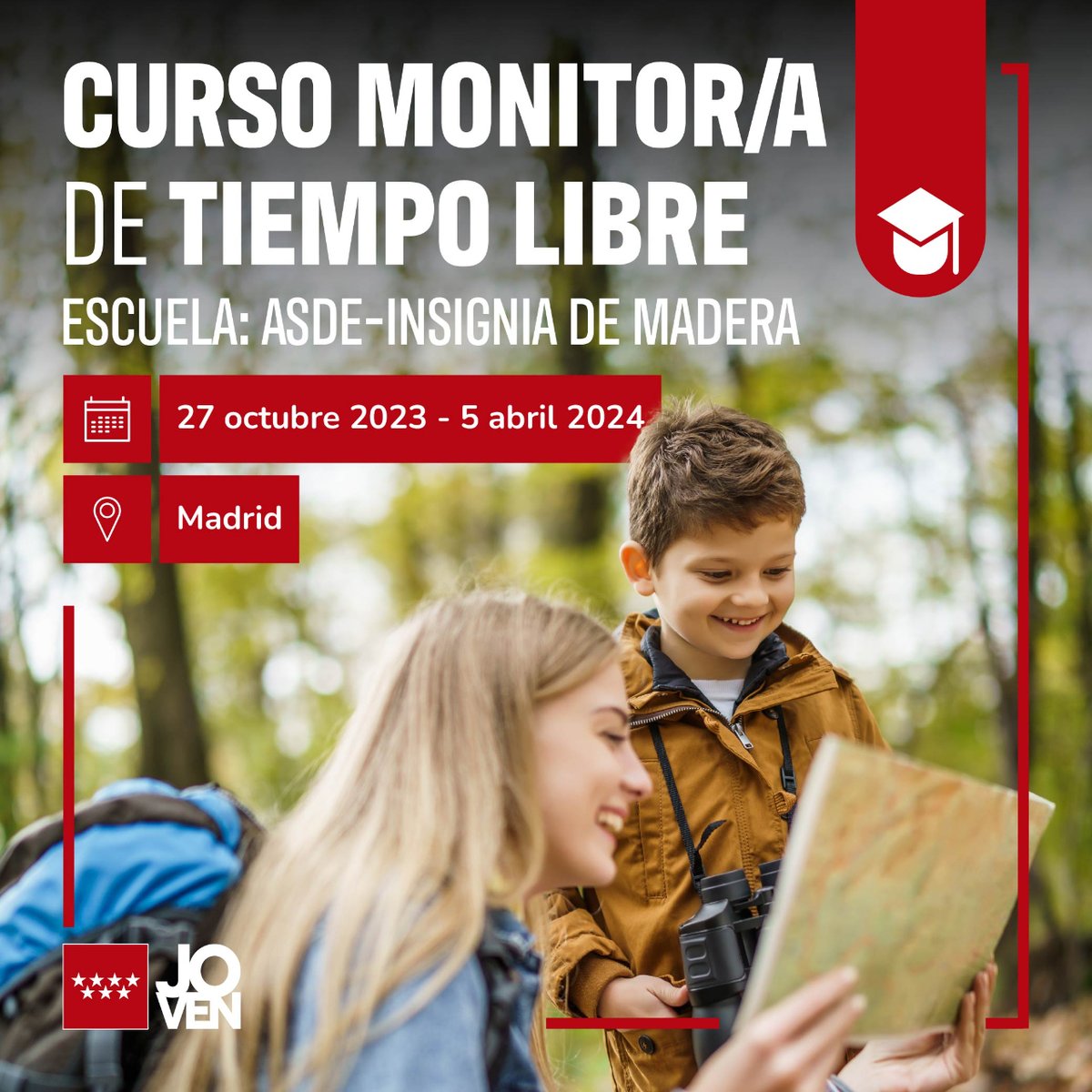 🎓 #Curso de Monitor/a de Tiempo Libre, de <a href="/scouts_edm/">ASDE - Exploradores de Madrid</a>
 
🗓 27 octubre 2023 - 5 abril 2024
⏰ Domingos de 10 a 14h y de 15:30 a 19:30h | + Sábado 5 de noviembre

🔗 bit.ly/3R3ywrL
 
 #Juventud <a href="/ComunidadMadrid/">Comunidad de Madrid</a>