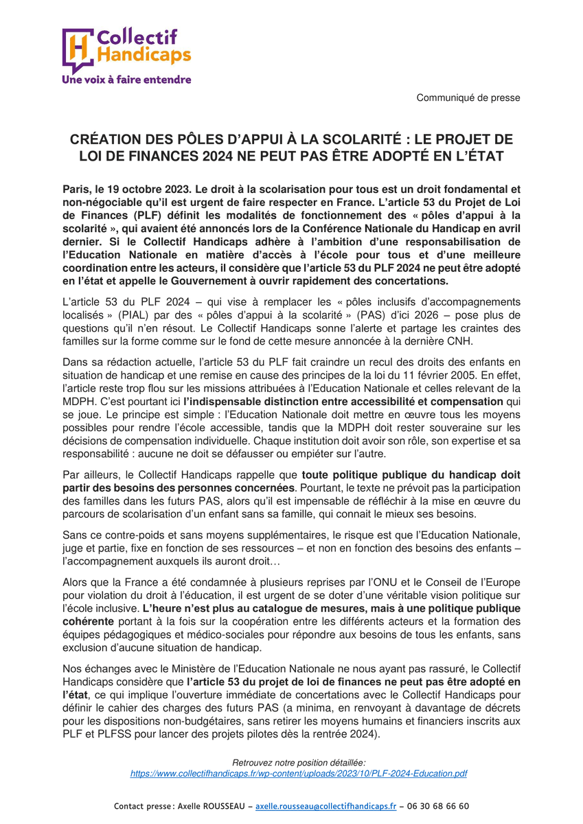 🟢 #PLF2024 : pour l’Unapei, l’article 53 créant les Pôles d’Appui à la Scolarité (PAS) ne peut être adopté en l’état. Le rôle des familles est à considérer dans le fonctionnement des PAS pour l’intérêt des enfants.