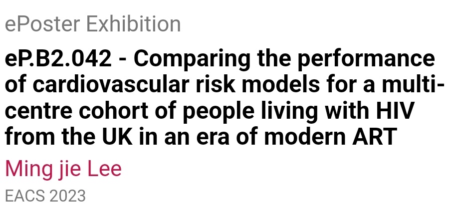 Ming Lee (@jnim87) on Twitter photo Check out these eposters
 at #EACS2023 
EP.A.061 attitude towards participation in cure trials which include a TI
EP.A.110 The impact of TIs on viral resuppression
EP.B2.042 Comparing CVS risk models in people living with HIV on modern ART. Check out these eposters
 at #EACS2023 
EP.A.061 attitude towards participation in cure trials which include a TI
EP.A.110 The impact of TIs on viral resuppression
EP.B2.042 Comparing CVS risk models in people living with HIV on modern ART.