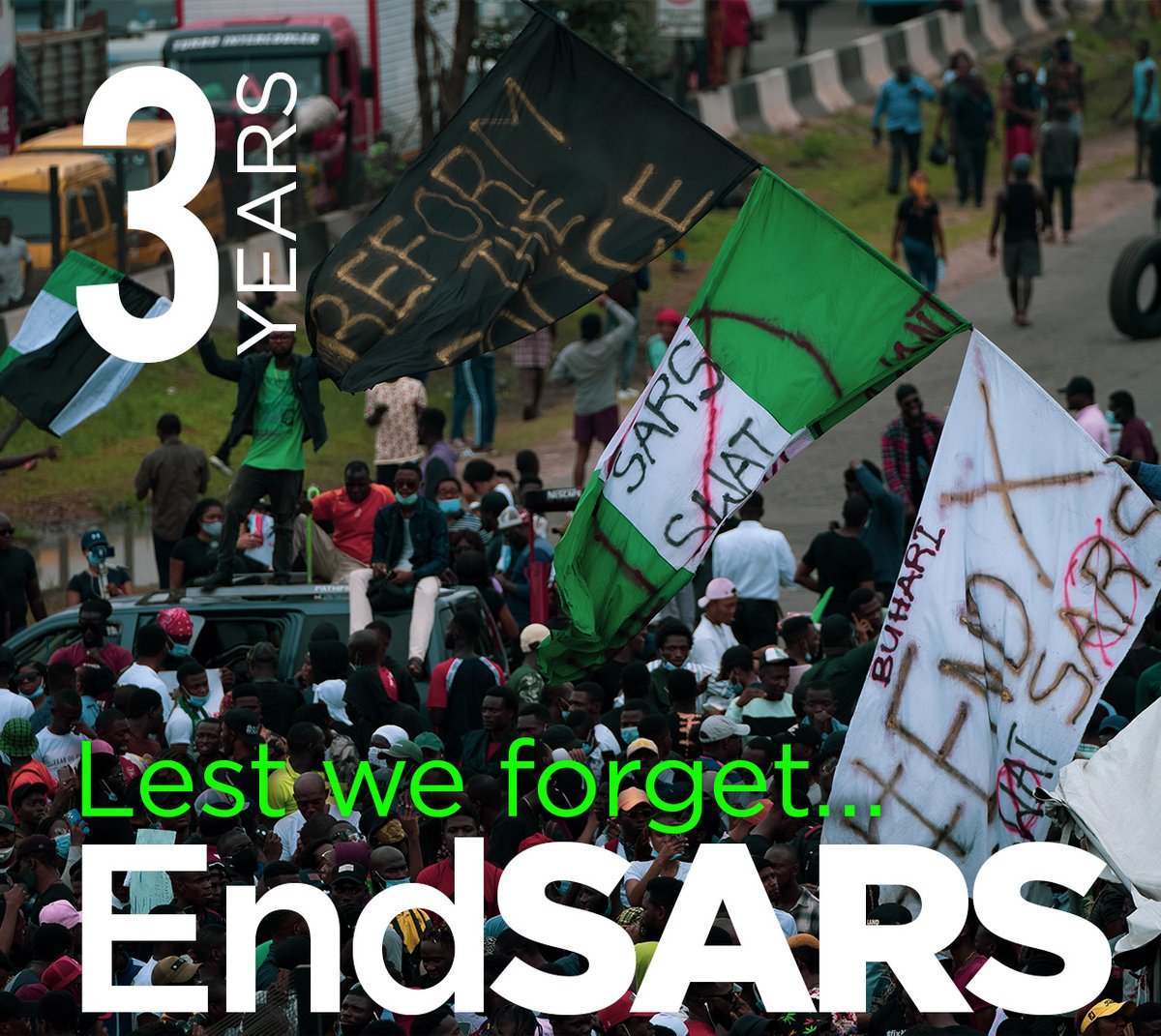 abiola_o's tweet photo. Today, we remember the brave voices that rose against injustice, marking 3 years of #EndSARS. We stand in solidarity with the Nigerian youth who courageously demanded an end to police brutality and the reign of terror. Let's keep fighting for justice and change. #AgainstImpunity https://t.co/W8H3VgXXGz