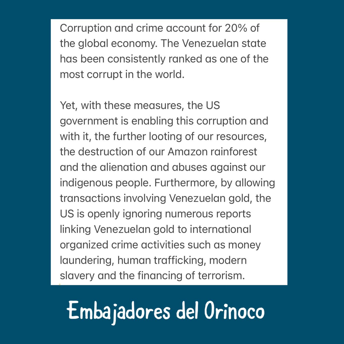 We fully agree with, and support,  this statement by @SOSOrinoco and would like to issue our own below statement. 
#Corruption #Transitionminerals #Bloodgold #Venezuela @noradno @ciel_tweets @OCCRP @ACF_int @INTERPOL_EC @anticorruption @Miljodebatt @CIPE_ACGC @FATFNews