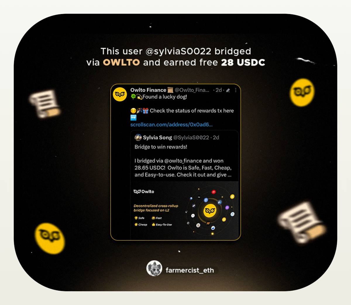 Farmercist's tweet image. I JUST MISSED AN OPPORTUNITY TO EARN FREE $100-$1000 BY BRIDGING MY OWN MONEY ON #ScrollZKP  😔📜

And this is the break down 👇

Owlto is a bridge that incentivizes you to bridge with them ( Dev’s Rich 🥹)

I made a swap of ETH from Arbitrum Network to Scroll cause it uses…