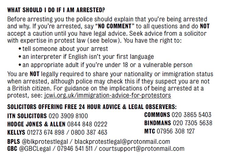 If you're protesting this weekend, it's vital you know your rights Save these bust cards, share with others, write phone numbers on your arm, look for legal observers if you need assistance and remember to say 'no comment' without a lawyer Keep yourselves and each other safe