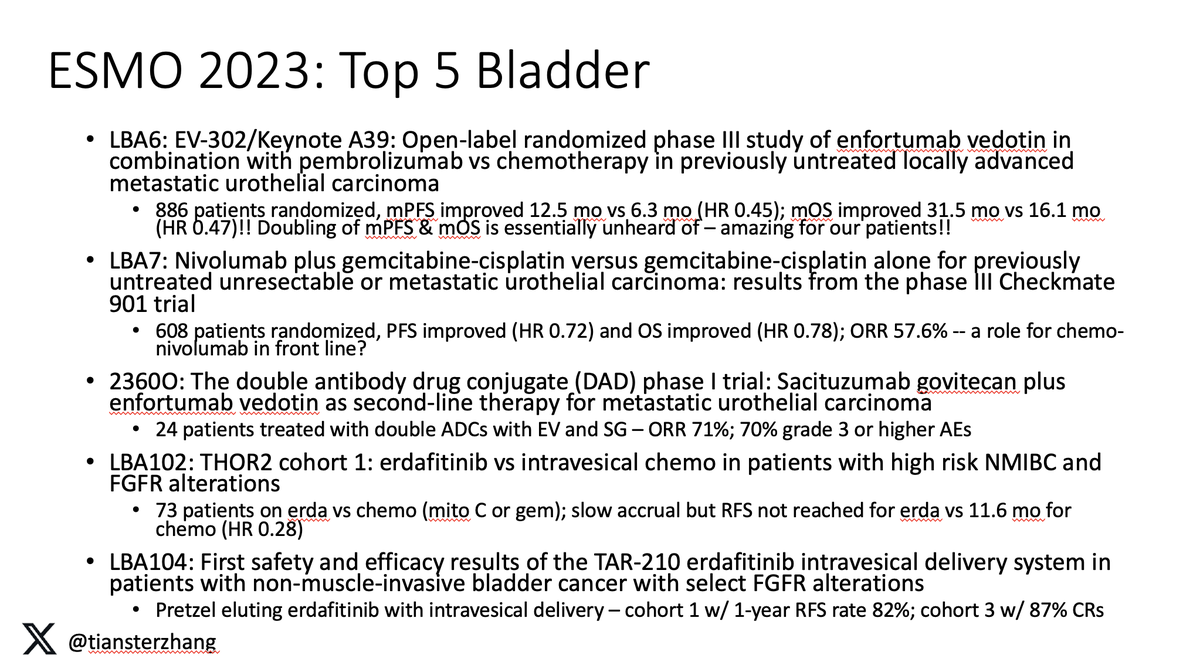 One more top 5 #bladdercancer -- which may be most anticipated GU track @myESMO #ESMO23 -- EV-302 looks to be game changer/paradigm shifting for our patients with metastatic #bladdercancer. Also double ADCs together and new data w/ FGFR inhibitors! @OncoAlert @BladderCancerUS