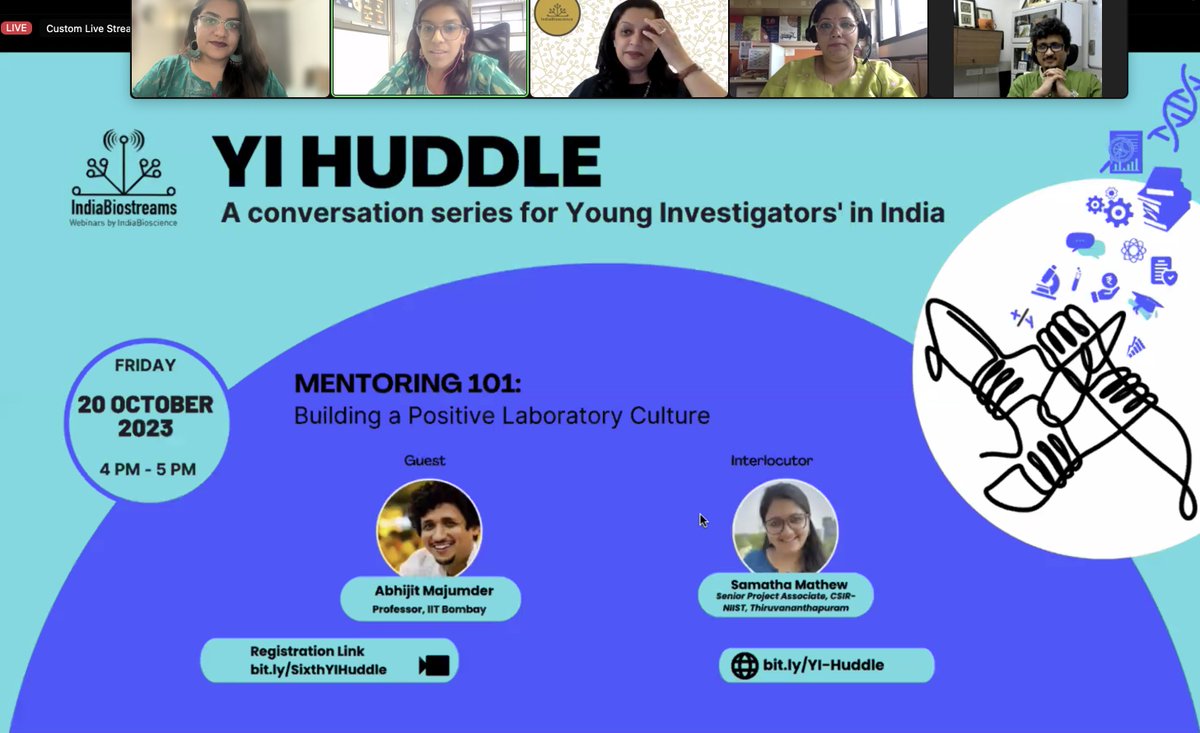 IndiaBioscience's tweet photo. 🎥 Our #YIHuddle 6 is now live, focusing on "Mentoring 101: Building a Positive Lab Culture."
Join us for an informal, slide-free discussion with special guest @abhijit_MLab @iitbombay & interlocutor @Samatha_Mathew @csir_niist. 🗣️
https://t.co/9u4kpEumlm https://t.co/mpopw5jxXS