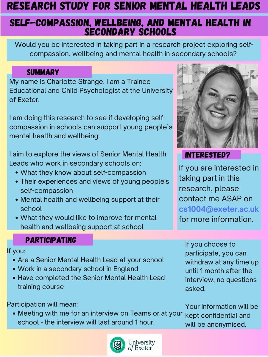 Charlotte Strange (@cstrangetep) on Twitter photo 📢RESEARCH📢
✨I am looking for secondary school SMHLs to participate in my research on self-compassion, wellbeing, & mental health✨
All details on research poster.
If you know anyone who may be interested, please share / contact me- cs1004@exeter.ac.uk
#TwitterEPs 📢RESEARCH📢
✨I am looking for secondary school SMHLs to participate in my research on self-compassion, wellbeing, & mental health✨
All details on research poster.
If you know anyone who may be interested, please share / contact me- cs1004@exeter.ac.uk
#TwitterEPs