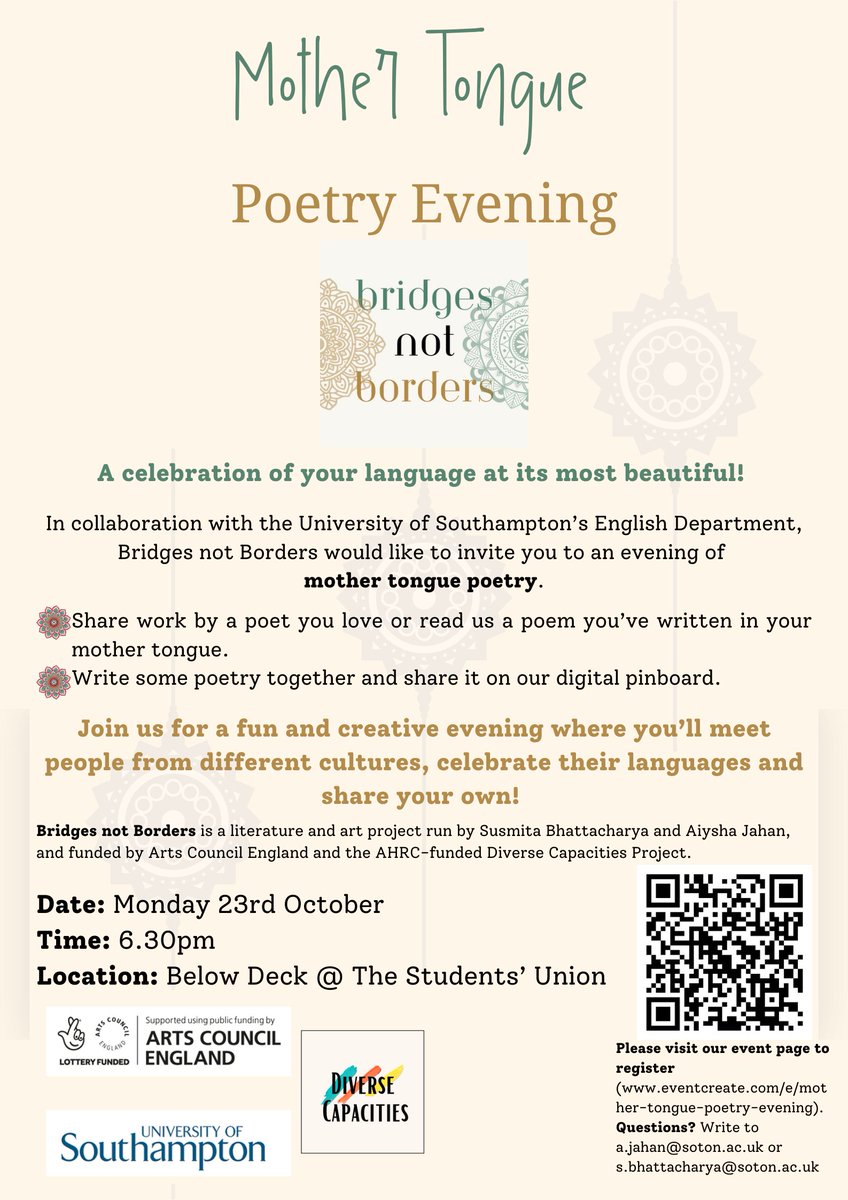 Mother Tongue Poetry event Below Deck @Union_Soton on Mon 21st Oct! Please share with students, staff or members of the public you think will be interested in attending. Read and write poetry or just come along, grab a drink and listen to poetry in your mother tongue!