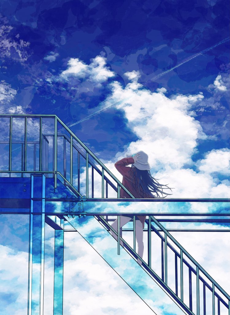 1girl cloud sky solo long hair hat white headwear  illustration images