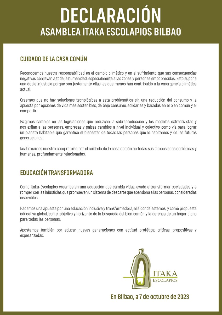 itakabilbao's tweet photo. DECLARACIÓN FINAL ASAMBLEA ITAKA ESCOLAPIOS BILBAO
El pasado sábado 7 de octubre celebrábamos nuestra asamblea, os compartimos la Declaración y Compromiso final que elaboramos entre todas las personas que participaron en ella. #seguimostrabajando
@EscolapiosBi https://t.co/o6W1JgdRim