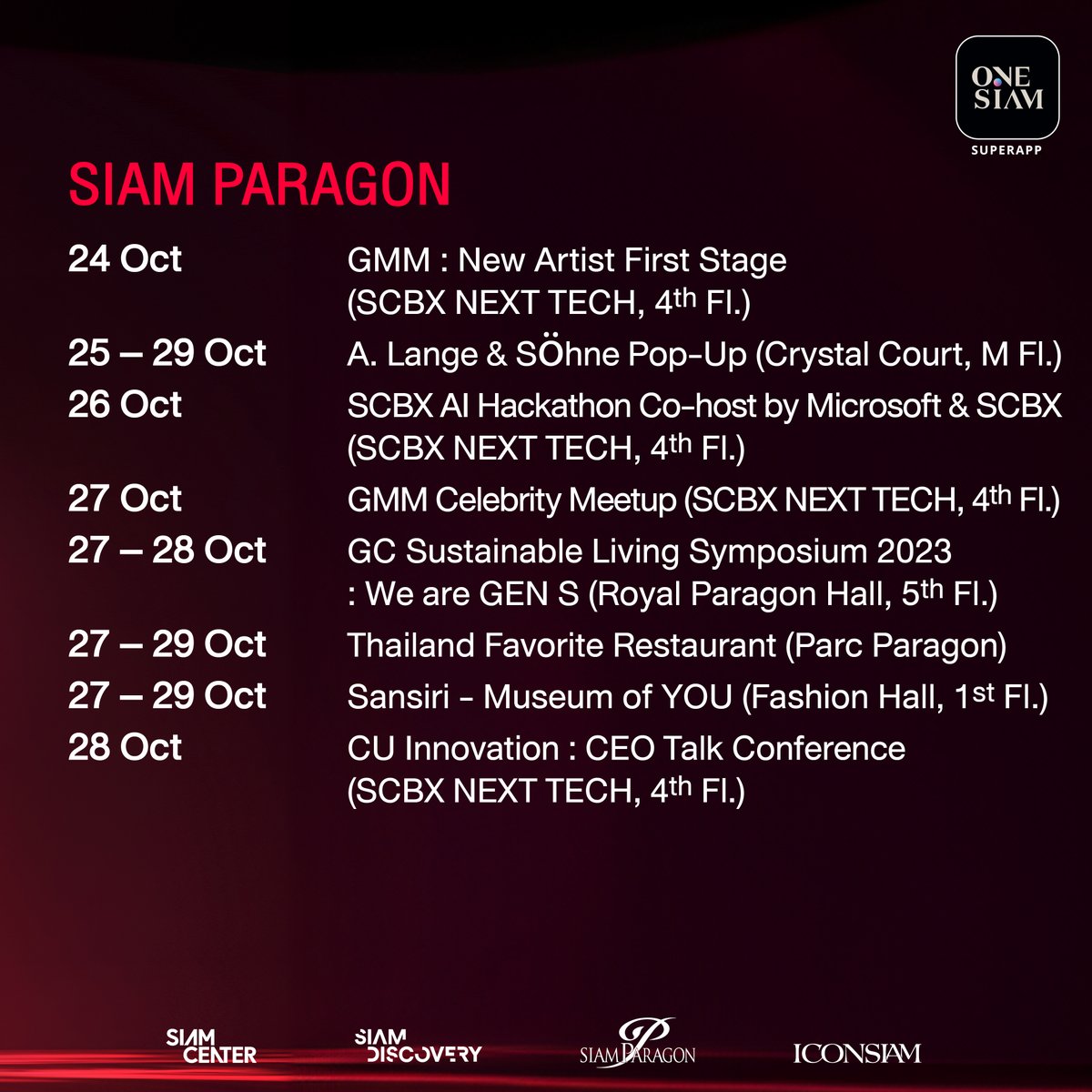 OneSiamOfficial's tweet image. สนุก จัดเต็มไปกับอีเวนต์สุดพิเศษจาก 4 ศูนย์การค้า ที่สยามพารากอน ไอคอนสยาม สยามเซ็นเตอร์และสยามดิสคัฟเวอรี่

🗓 ตั้งแต่ 23-29 ต.ค. 66

💭 ดูรายละเอียดอีเวนต์เพิ่มเติมบน ONESIAM SuperApp คลิกเลย app.onesiam.com/onesiam-upcomi…

#NextisNow #ONESIAM