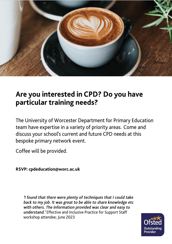 Are you a #primaryschool professional? Are you interested in CPD? Do you have particular training needs? Come and have a coffee with us - 6th December at St John's campus <a href="/education_uw/">University of Worcester Institute of Education</a> <a href="/UWprimary/">Primary Teaching at Worcester</a> <a href="/UW_PriPartners/">Worcester University - Primary Partnership</a> 
#cpdeducation