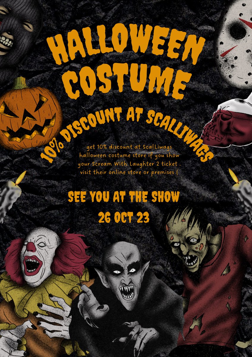 Scream_With_L's tweet photo. With just 6 days left to the show I know everyone must be scrambling for outfits to try and get that best dressed prize. Well we got you. Get 10% discount at Scalliwags Costume and Halloween store if you have a Scream With Laughter…2 ticket!👻👻

They have an online store aswell https://t.co/1dleM77hdn