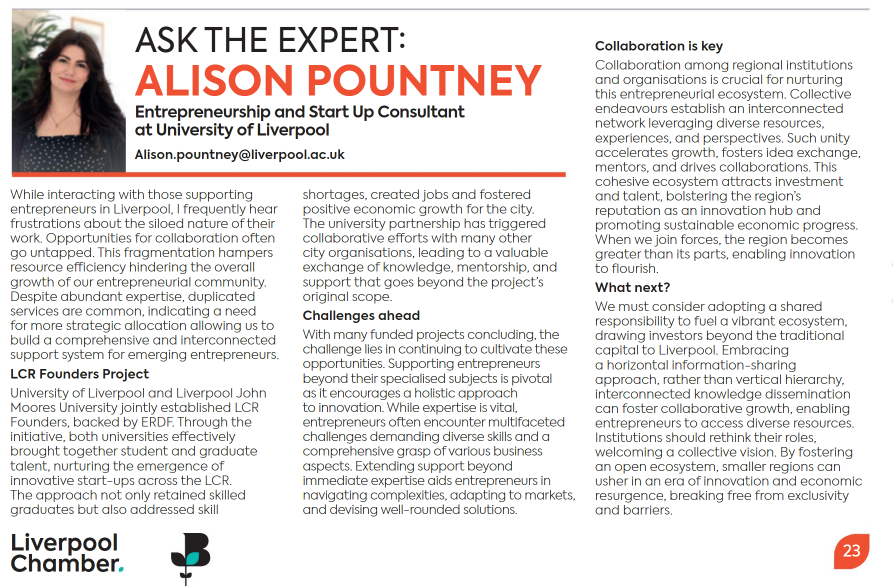 alison_pountney's tweet photo. 🌟 Ahead of Thursday's @LpoolChamber Innovation in Business Awards, I am thrilled to share that I've been featured in this Autumn's edition of the Liverpool Chamber of Commerce 'Well Connected' Magazine as the Meet The Expert! Page.23 📰 https://t.co/N0V6xEIQbJ