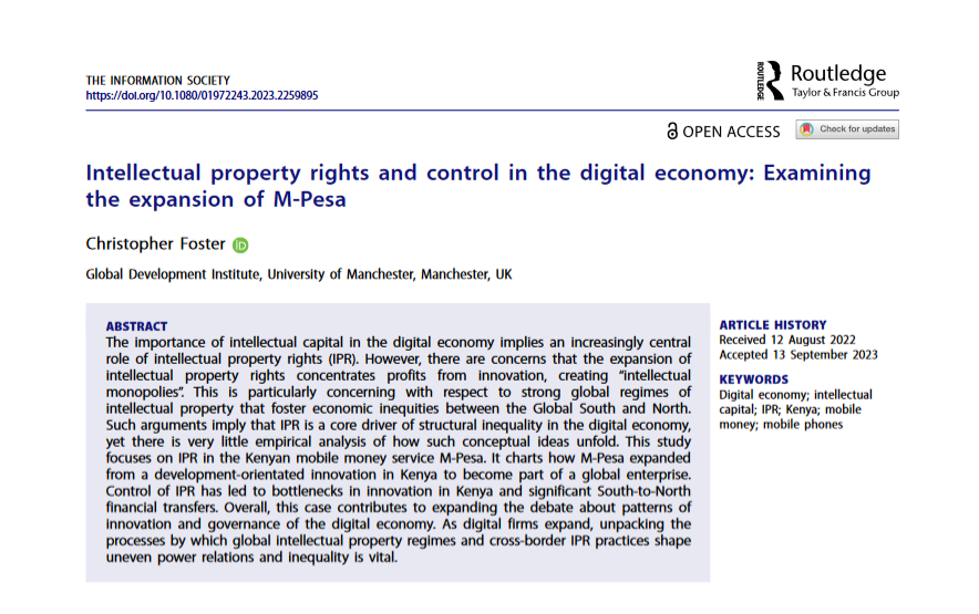 My new paper, out now: 'Intellectual property rights and control in the digital economy: Examining the expansion of M-Pesa' tandfonline.com/doi/full/10.10… [Open access]