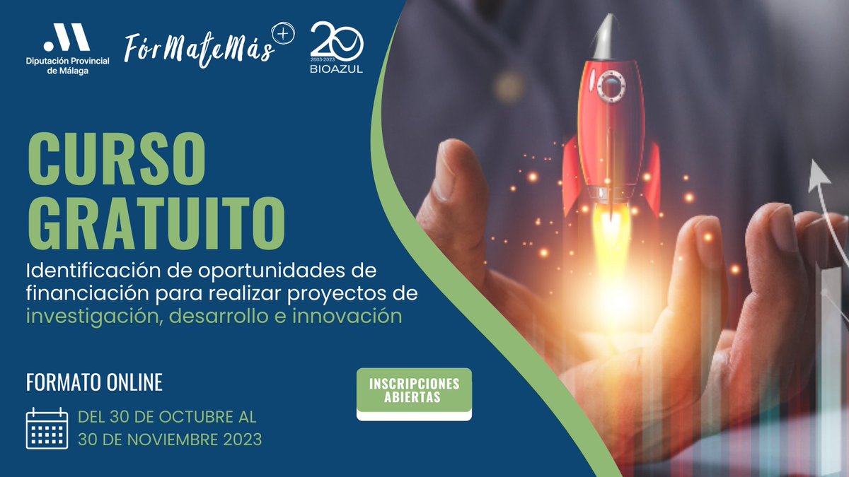 👩‍🏫 Desde #BIOAZUL hemos entrado en el programa 𝗙𝗼́𝗿𝗺𝗮𝘁𝗲𝗠𝗮́𝘀+, un plan de formación de <a href="/diputacionMLG/">Diputación de Málaga</a>  donde impartimos el #CursoGratuito  para identificar oportunidades de financiación para proyectos de investigación.

Apúntate aquí ➡️ ttps://lnkd.in/dSgs5U4B
