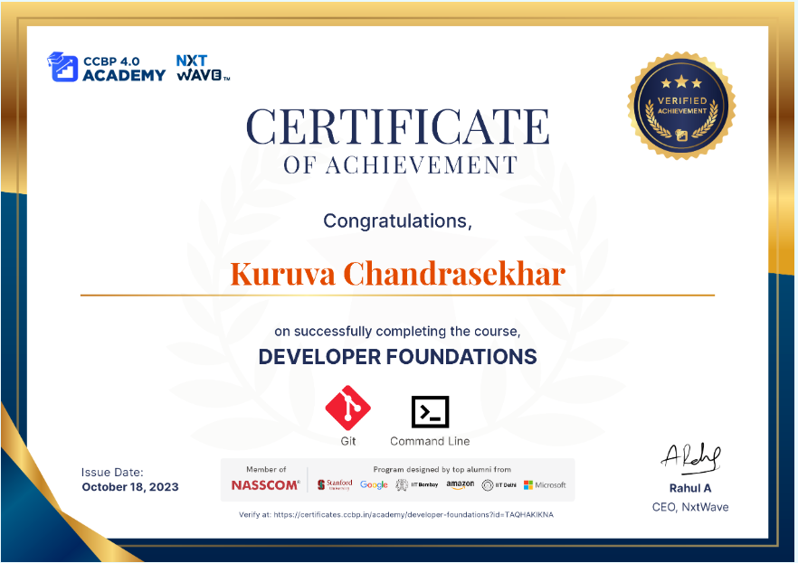 chandukuruvaa's tweet image. Hello Folks 😇
I'm happy to share that I've obtained a new certification - Developer Foundations from NxtWave 🚀✨
Thankful to @rahulattuluri @sashankreddy07 @girishakash13 @avinashdara @nxtwave_tech 🙌
#certificateofcompletion #1hourofcode #github #commands #ccbpacademy