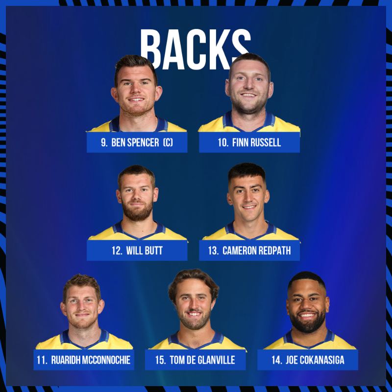 BathRugby's tweet photo. 💛 𝙏𝙀𝘼𝙈'𝙎 𝙐𝙋! 💛 

First start of the season for Finn Russell and Ruaridh McConnochie 🏴󠁧󠁢󠁳󠁣󠁴󠁿 

Rotation in the pack, with Niall Annett, Juan Schoeman and Johannes Jonker leading in the front row.