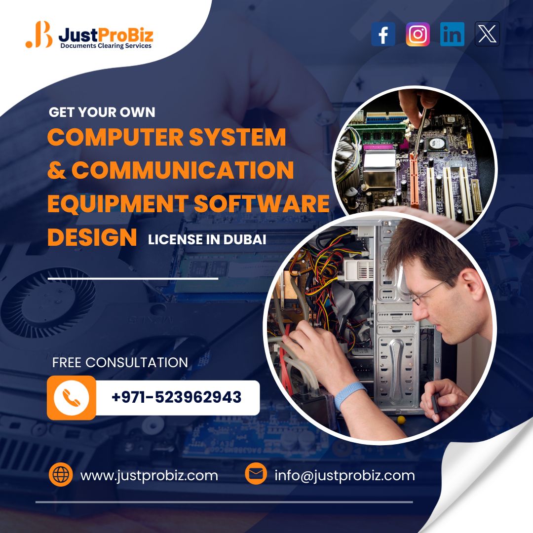 Unlock the future of innovation with our Computer System and #CommunicationEquipment #SoftwareDesign License in #Dubai! Elevate your tech ventures in the heart of innovation with #JustProBiz Documents Clearing Services.
#TechInnovation #DubaiTech #SoftwareDesignLicense   #Startup
