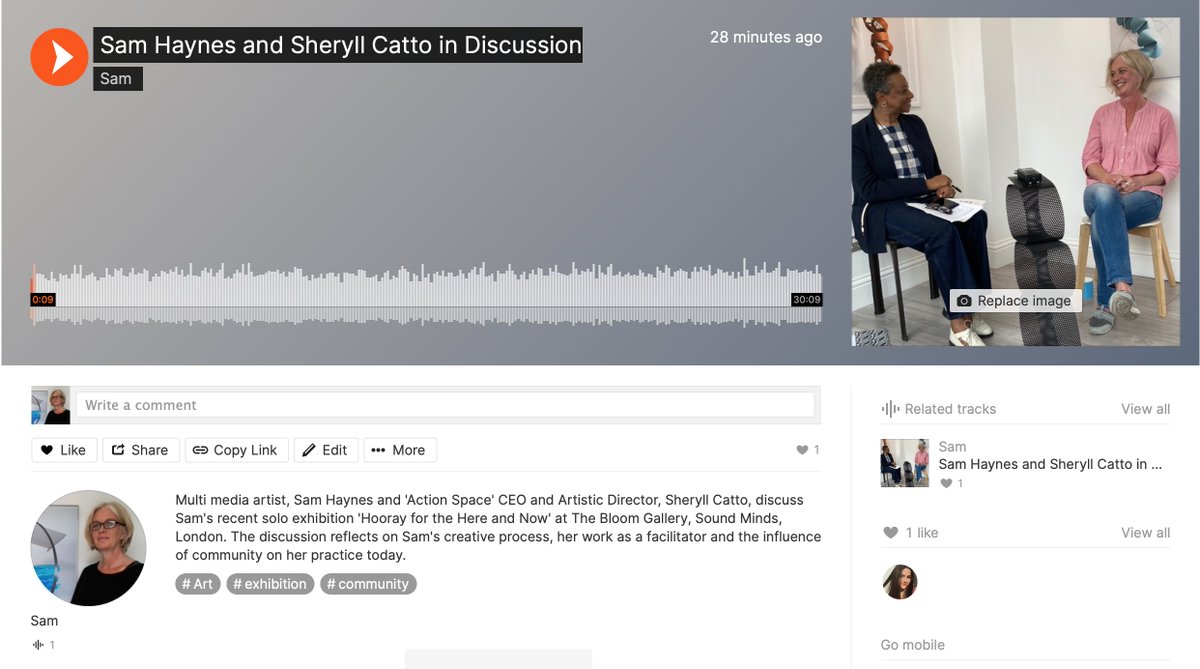 My recent discussion with <a href="/sc99_uk/">Sheryll Catto</a> during my solo show 'Hooray for the Here and Now' is now available on Soundcloud at on.soundcloud.com/XrXQ4.
We talk about my art process, my work as a facilitator and the influence of community on my practice today. #exhibition #art #artist