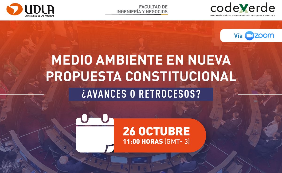 Tres expertos analizarán la actual propuesta constitucional en materia de medio ambiente, en el seminario Medio Ambiente en Nueva Propuesta Constitucional ¿Avances O Retrocesos? de la UDLA, Codexverde.
Inscripciones 👉 udla.zoom.us/webinar/regist…
<a href="/patocartagen/">Patricio Cartagena Diaz</a> <a href="/UDLA_CL/">UDLAChile</a> <a href="/waldolobos/">Waldo Lobos V.</a>