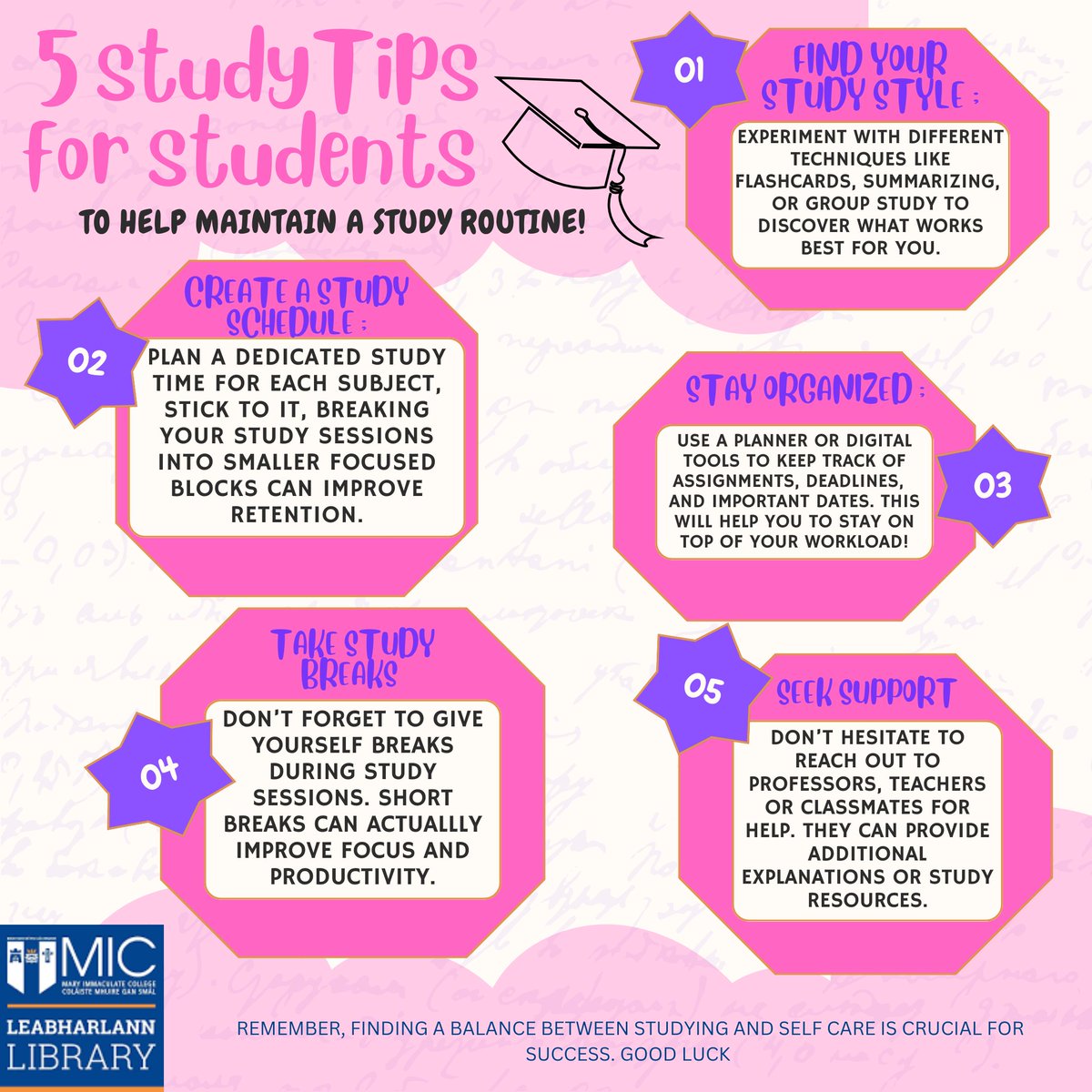 miclibraries's tweet image. It&apos;s Student Takeover Friday! Our Placement student, Sarah, has a few study tips to share this week! 📚

#miclibraries #studenttakeover #studytipsandtricks