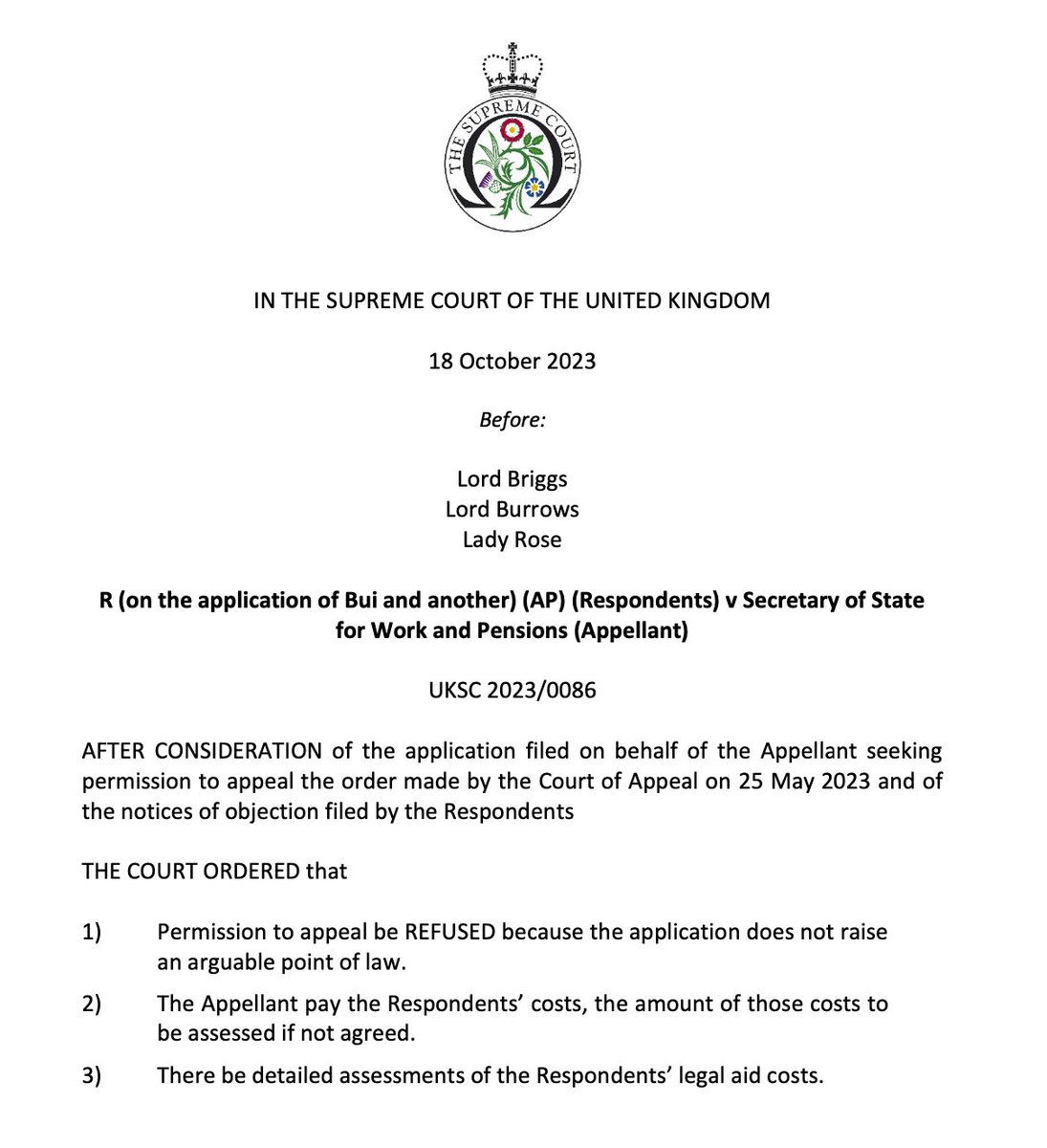 tdroyston's tweet photo. The Government has been refused permission to appeal by the Supreme Court in Bui. So the Court of Appeal decision [2023] EWCA Civ 566 stands: the Department for Work and Pensions has an unlawful approach to refusing advance payments of universal credit, and must change that. https://t.co/6Tee0Gf6Zl
