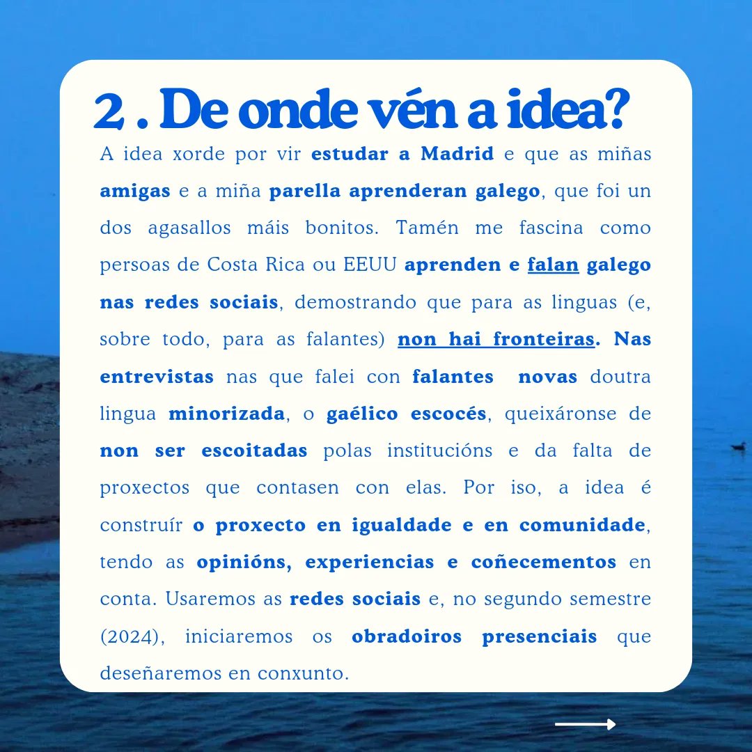 unhaprimavera's tweet photo. Este é un proxecto para falar galego en Madrid e contribuír a que persoas doutros lugares o aprendan na capital connosco, tecendo amizades porque para as linguas e, sobre todo, para as falantes, non hai fronteiras! Agradezo a difusión 💙🌊
1/3 https://t.co/Pt8XcnxLZ6