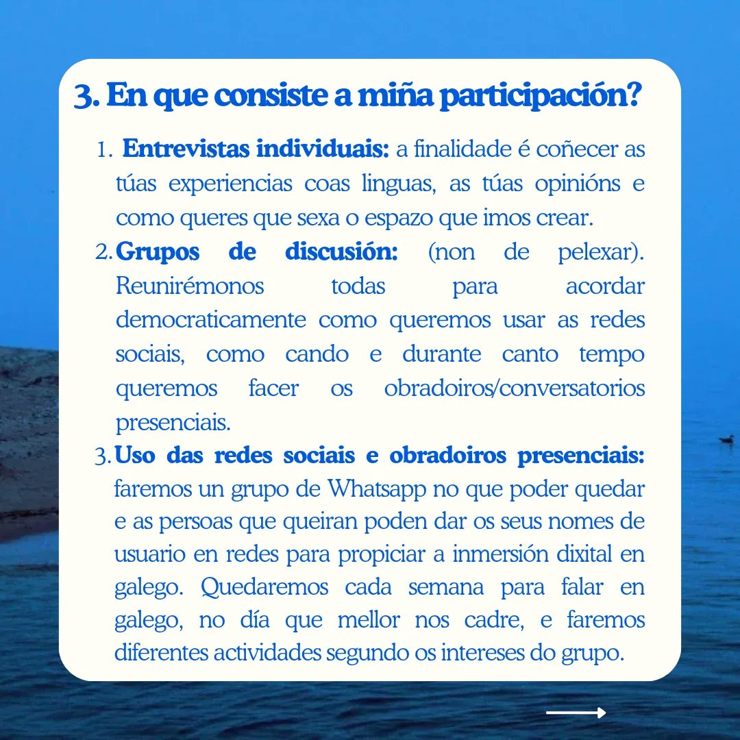 Este é un proxecto para falar galego en Madrid e contribuír a que persoas doutros lugares o aprendan na capital connosco, tecendo amizades porque para as linguas e, sobre todo, para as falantes, non hai fronteiras! Agradezo a difusión 💙🌊
1/3