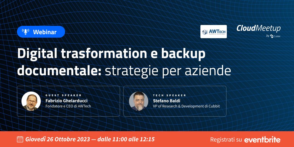 _cubbit's tweet photo. Digital transformation e backup: quale strategia adottare per far fronte a tale crescita e garantire la resilienza aziendale? Ne parliamo con @fabghela (Fondatore e CEO di @AWTech_official) e Stefano Baldi (VP R&amp;D di @_cubbit).
 
Riserva il tuo posto 👉https://t.co/Fz5gnRgUur https://t.co/zKxRBmvVeU