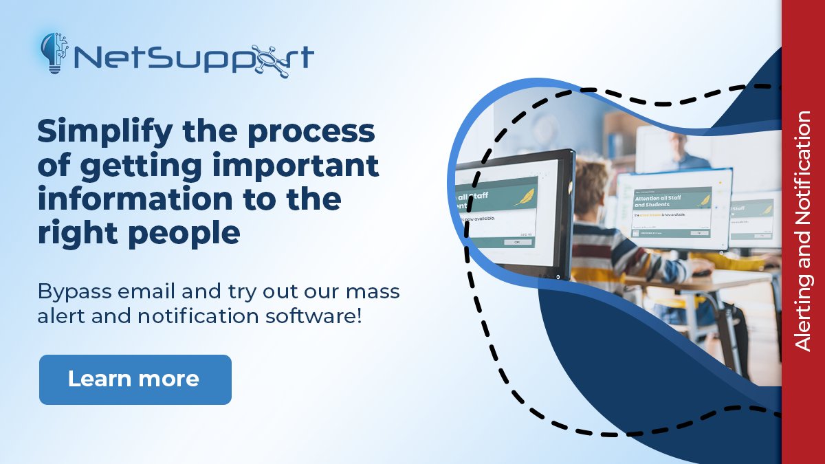 NetSupportInc's tweet image. Simplify the distribution of important information with NetSupport Notify. Unlike email, our mass alert and notification software fills the screen of chosen recipients and demands acknowledgment! mvnt.us/m1523062

#NotificationSoftware #EmailAlt #CompanyComms