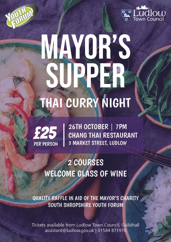 THERE'S STILL TIME TO GRAB YOUR TICKETS!

Join us for our Thai Curry Night in aid of @Southshropshireyouthforum on Thursday 26th October at the Chang Thai Restaurant. 

Tickets are on sale now from the Guildhall! 

#loveludlow #visitludlow