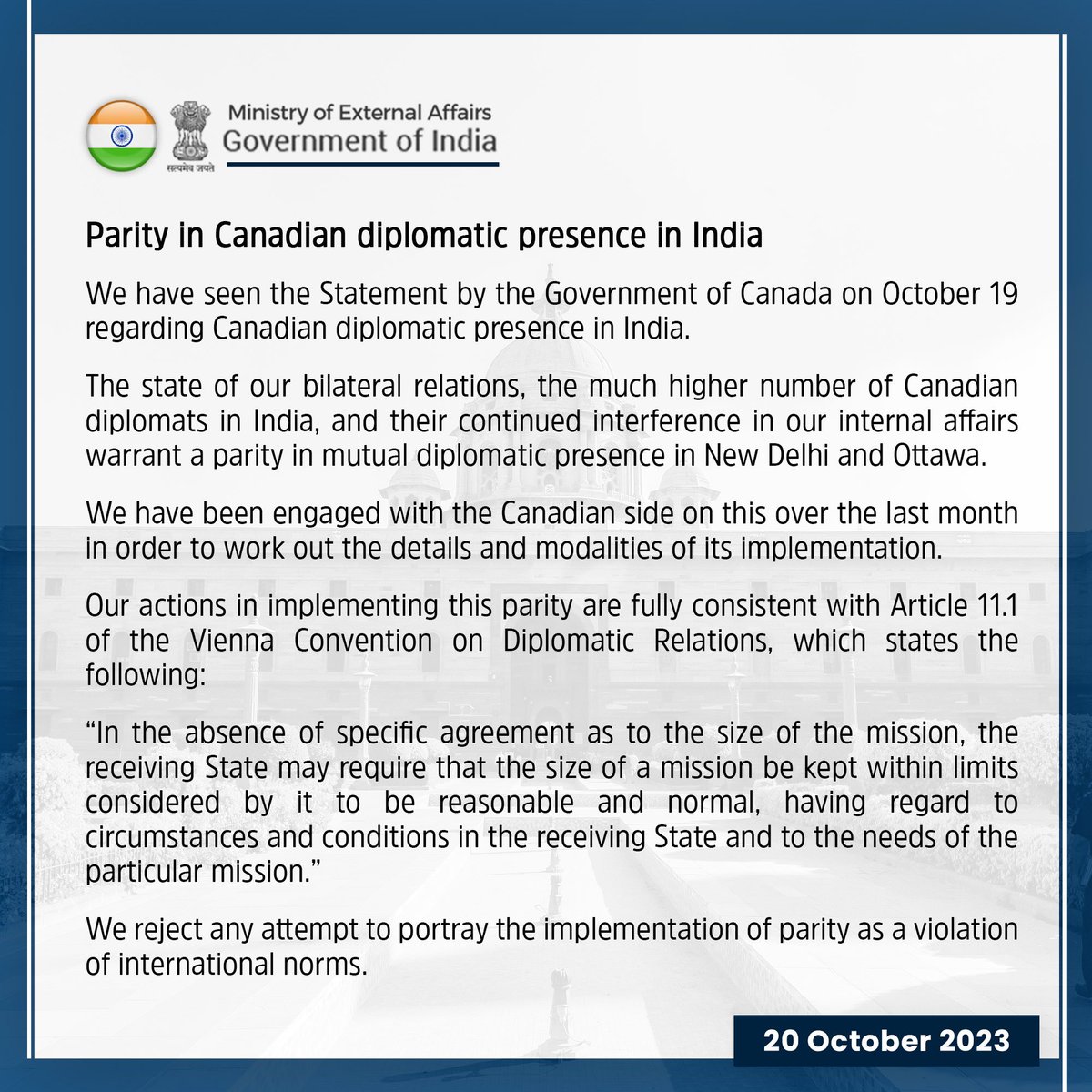 India rejects Canada's allegations of violating Vienna Convention on Diplomatic Relations by expelling 41 diplomats. @MEAIndia cites Article 11.1
#IndiaCanada #IndiaCanadaRow