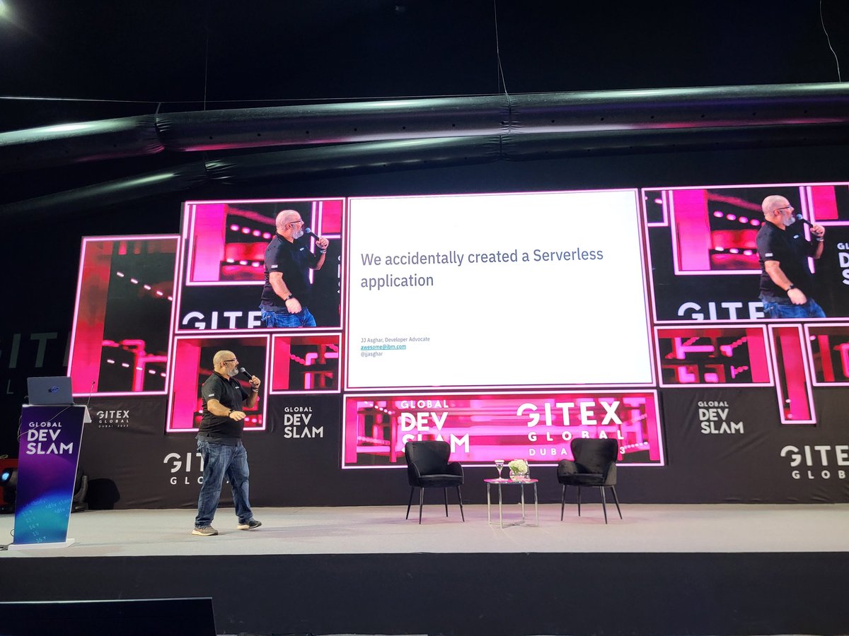 mhickeybot's tweet photo. .@jjasghar getting ready to talk about how he ended up creating a #severless app by accident on @IBMcloud
#GITEXGLOBAL2023 #DevSlam https://t.co/c8RecnO4q3