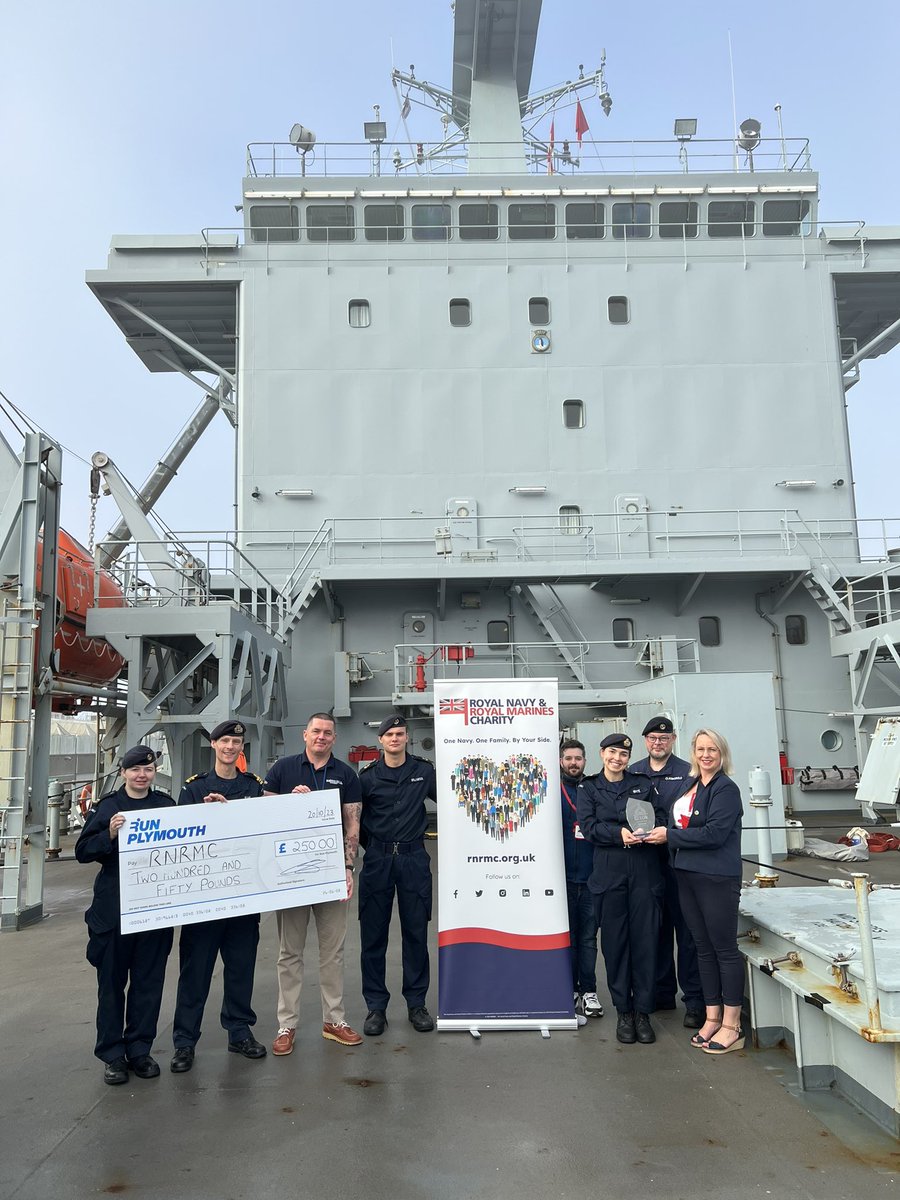 Today we welcomed onboard @RNRMC to accept a cheque of £250 from the organisers of the Plymouth 10km run. The Royal Navy Running Team won the Team Prize back in May, and were glad to donate the money to this very worthy charity! #GreatScott