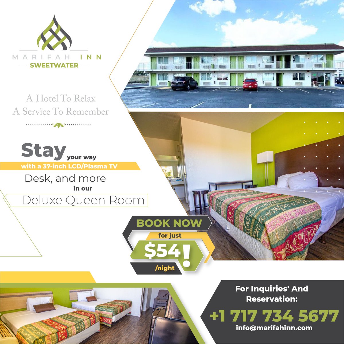 Sweet_waterinn's tweet photo. Upgrade your stay to the Deluxe Queen Room at Sweetwater Inn. Your comfort is our priority with a 37-inch LCD/Plasma TV, a convenient desk, and more. Reserve your room now! Visit Us: https://t.co/p9LEDNtW46… #SunsetInn #DeluxeQueenRoom #ComfortAndStyle #AffordableLuxury https://t.co/hZuXNwqwap