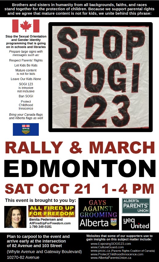 PedersenBe40303's tweet photo. This Saturday in Edmonton, support the STOP SOGI 123 Rally &amp; March! We meet at the intersection of Whyte Avenue and Gateway Boulevard. https://t.co/oWYorTolB0