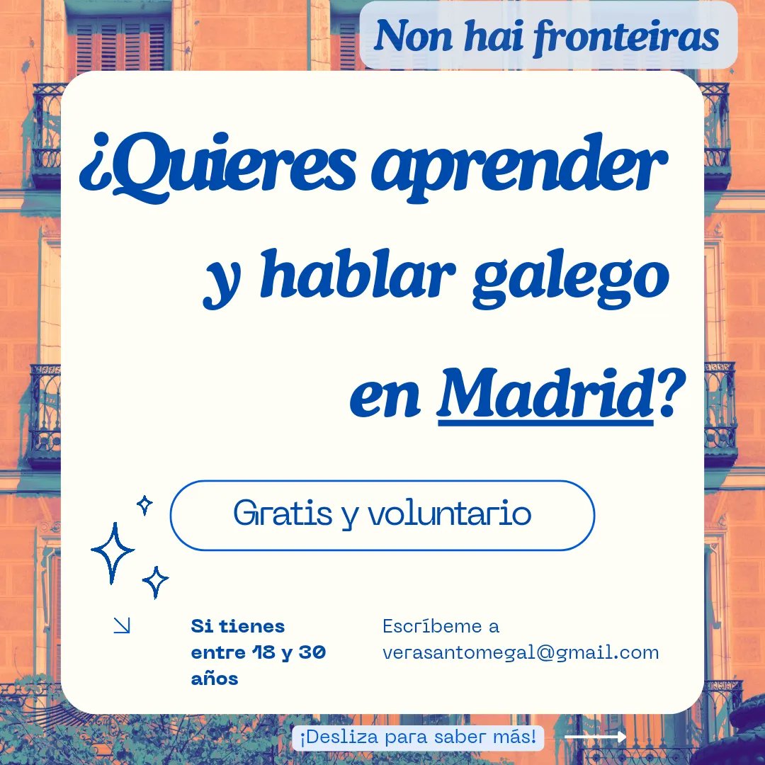 unhaprimavera's tweet photo. ¿Te gustaría aprender gallego en Madrid? Estamos organizando un proyecto para aprenderlo de manera amena, haciendo amistades (qué mejor inmersión lingüística) porque para as linguas, e sobre todo, para as falantes, non hai fronteiras! Agradezo a difusión 💙🌊🫂
1/3 https://t.co/s1DxrynIVQ