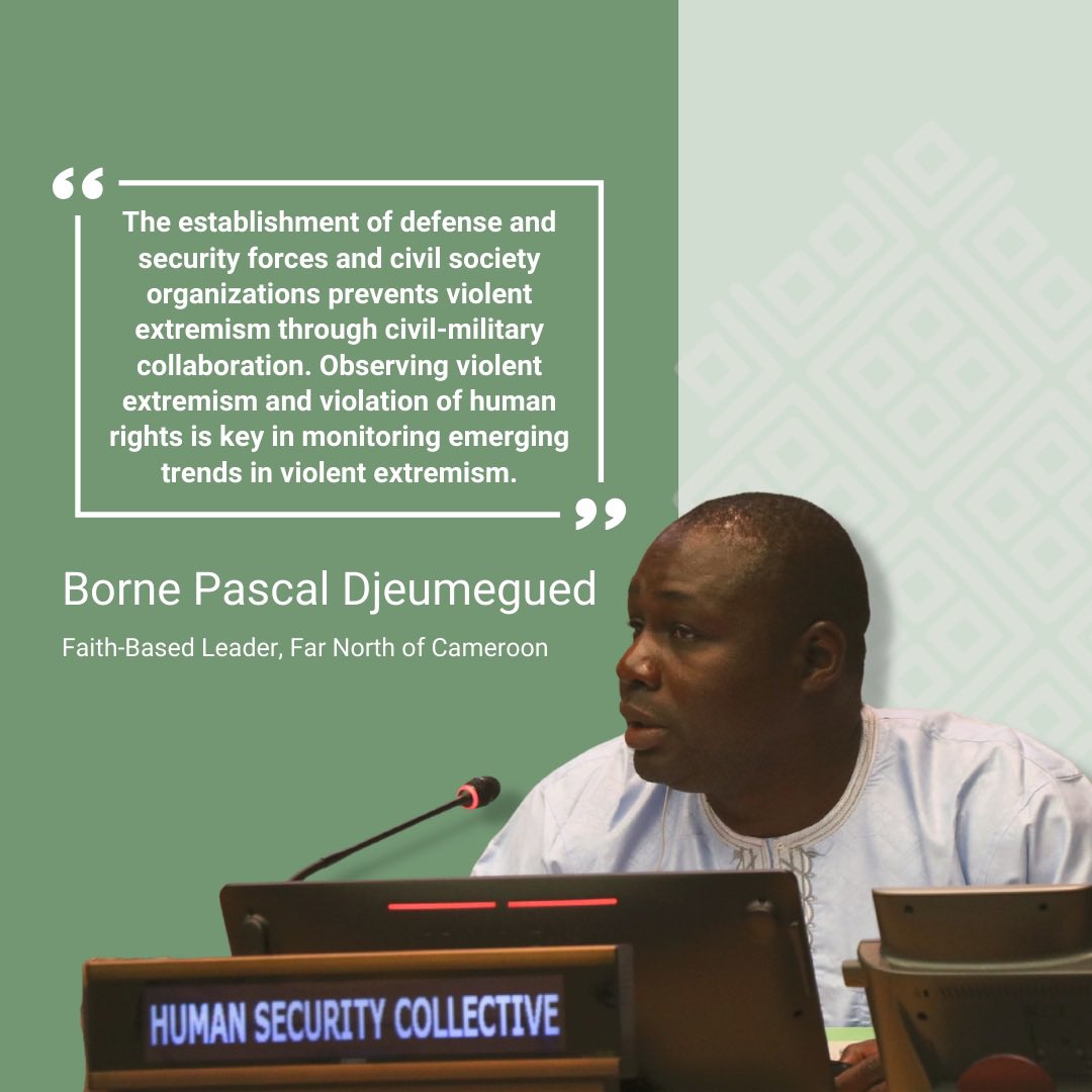Pascal Djeumegued, a faith-based leader from the Far North of Cameroon, who has collaborated with @HSCollective on various initiatives in the region, shared insights on countering extremist narratives at a @UN_CTED meeting on Countering Violent Extremism. #CTNarratives