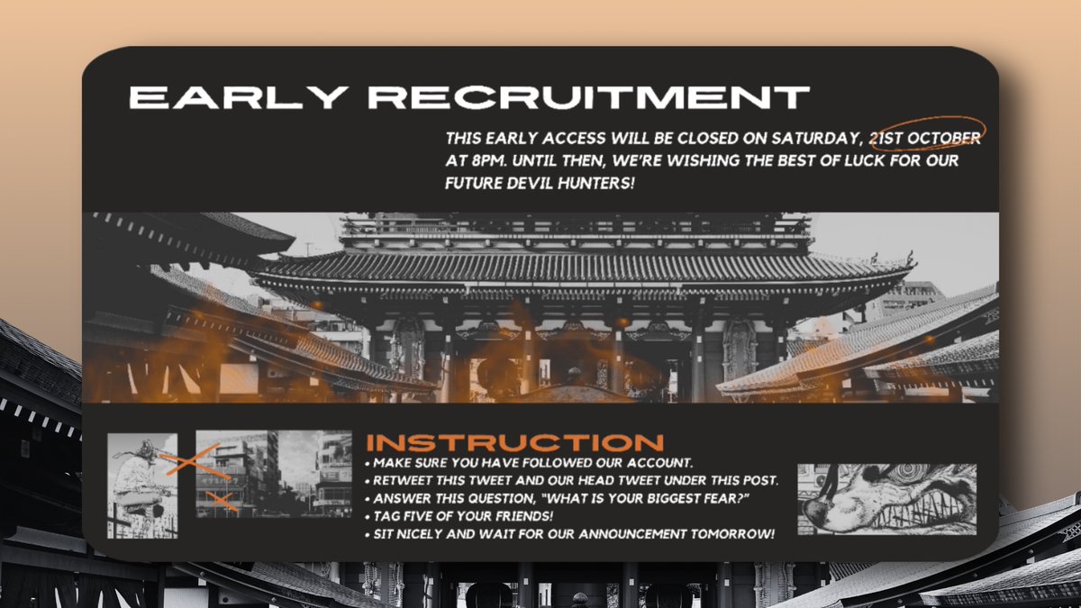 An early recruitment for (2) lucky Devil Hunters are now opened! The rules are simple, kindly refer to the instructions as mentioned below and make sure not to miss any of it. This early recruitment will be closed on Saturday, 21st October at 8PM. Until then, good luck!